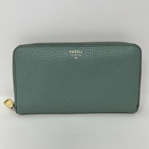 Fossil Logan Zip Around Clutch Wallet Viridian Green Pebbled Leather